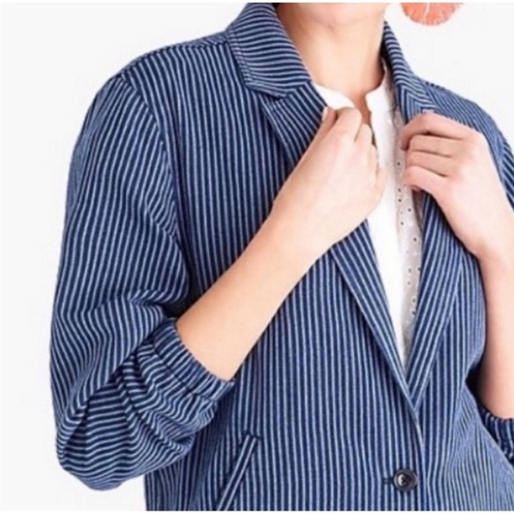 J.Crew Mercantile Blazer Jacket Single Button Navy Stripe Cotton Size Medium - Picture 2 of 11